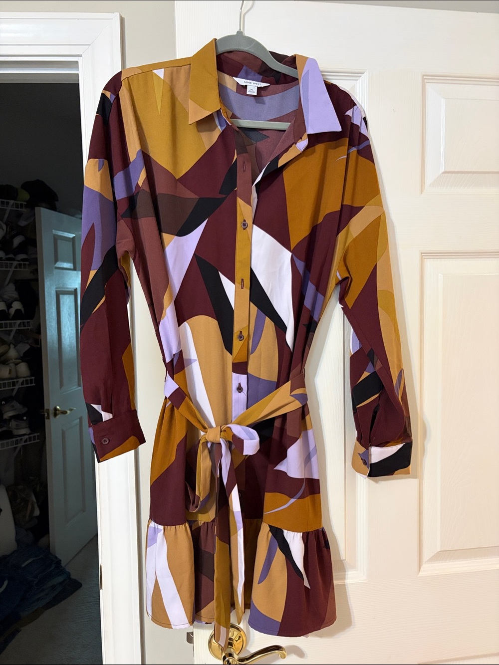 Nine West Abstract Geometric Shirt Dress in Mustard, Burgundy & Lilac